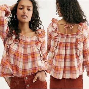 Free People Siena Pink Orange Crinkle Cotton Plaid Long Sleeve Top Ruffle Smock